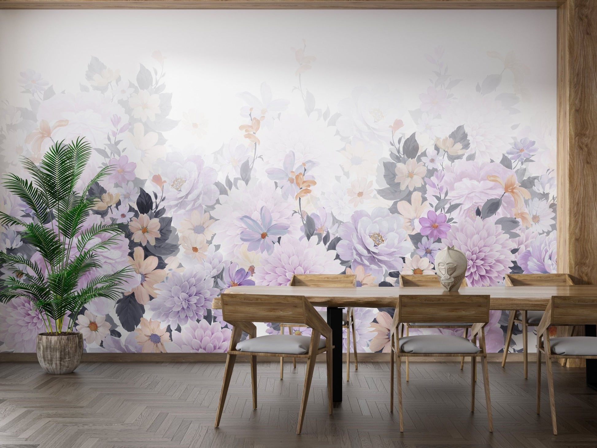 Long dining table set against a colorful floral watercolor wall mural.