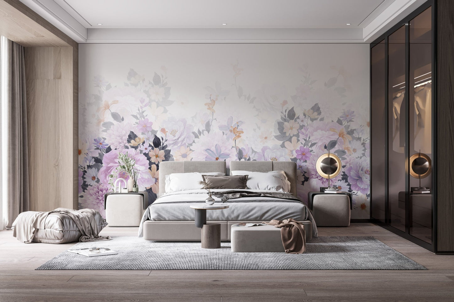 Blooming purple floral mural for elegant and calming bedroom interiors.
