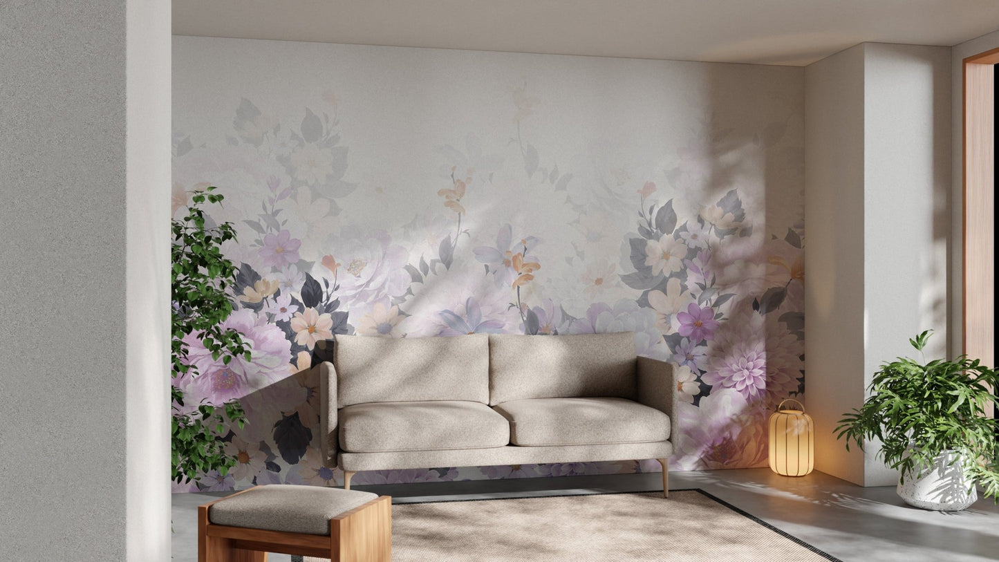 Artistic watercolor mural featuring blooming purple flowers in sitting area.
