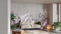 Artistic watercolor mural featuring blooming purple flowers in sitting area.
