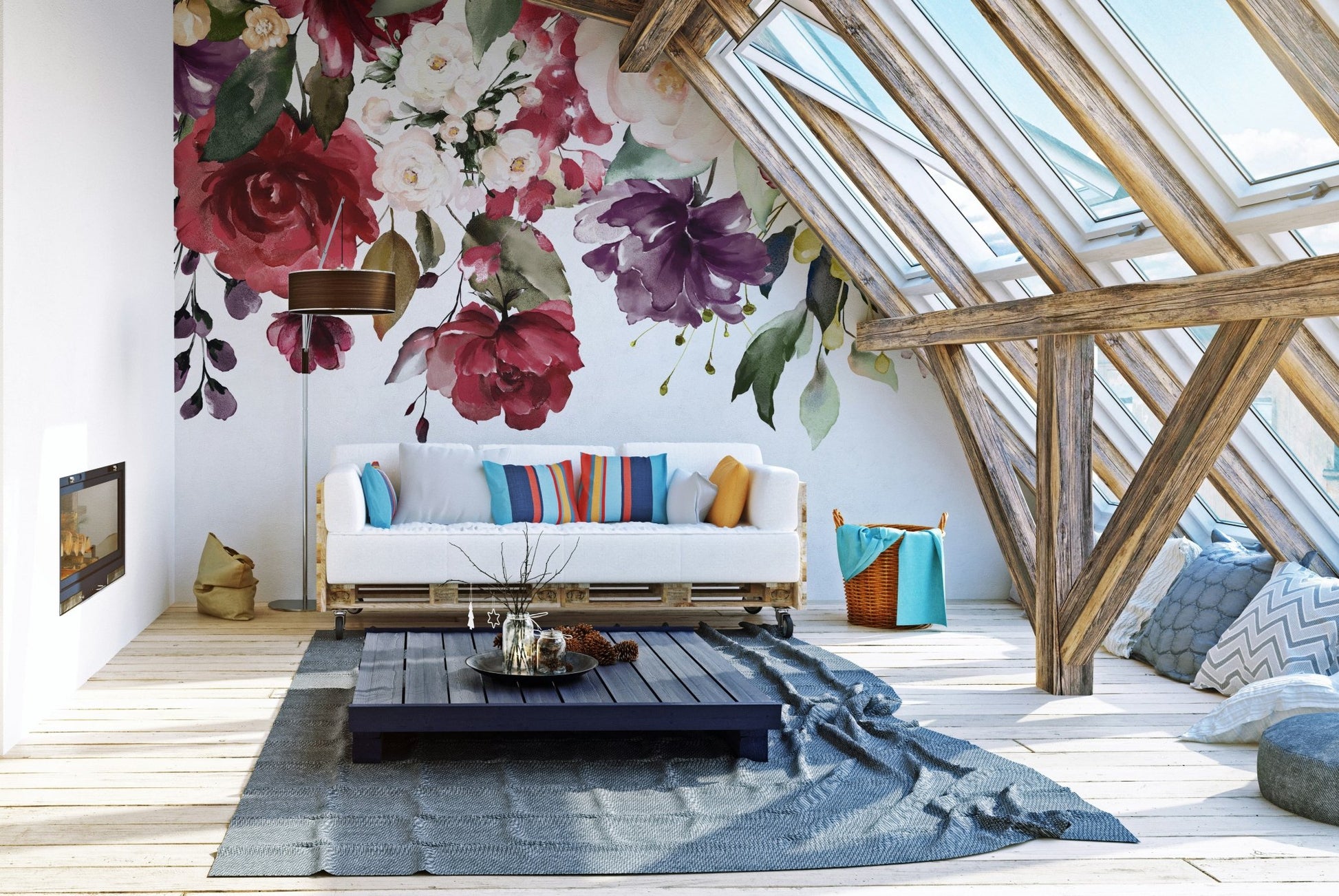 Wall mural showcasing blooming romance with lush floral designs in attic living space.
