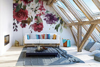 Wall mural showcasing blooming romance with lush floral designs in attic living space.
