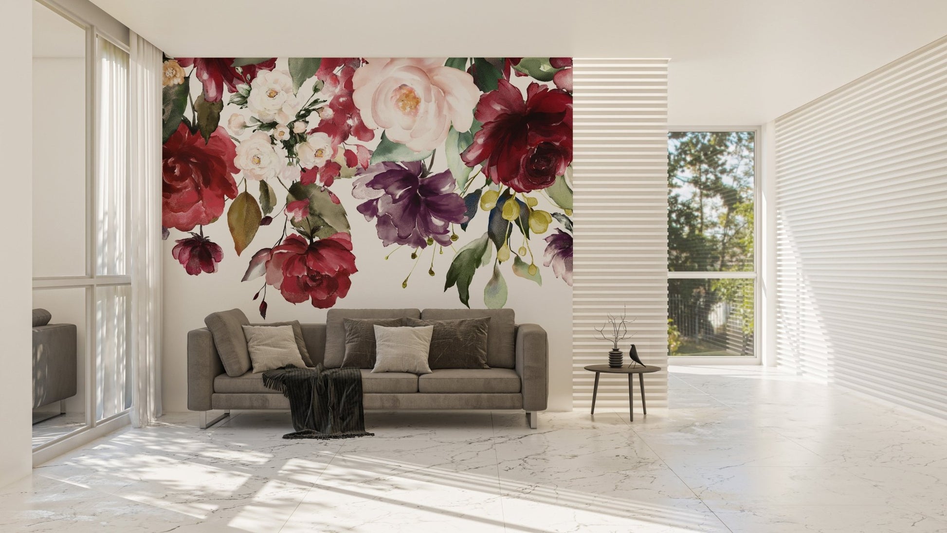 Artistic mural featuring blooming flowers for a romantic touch in living room.
