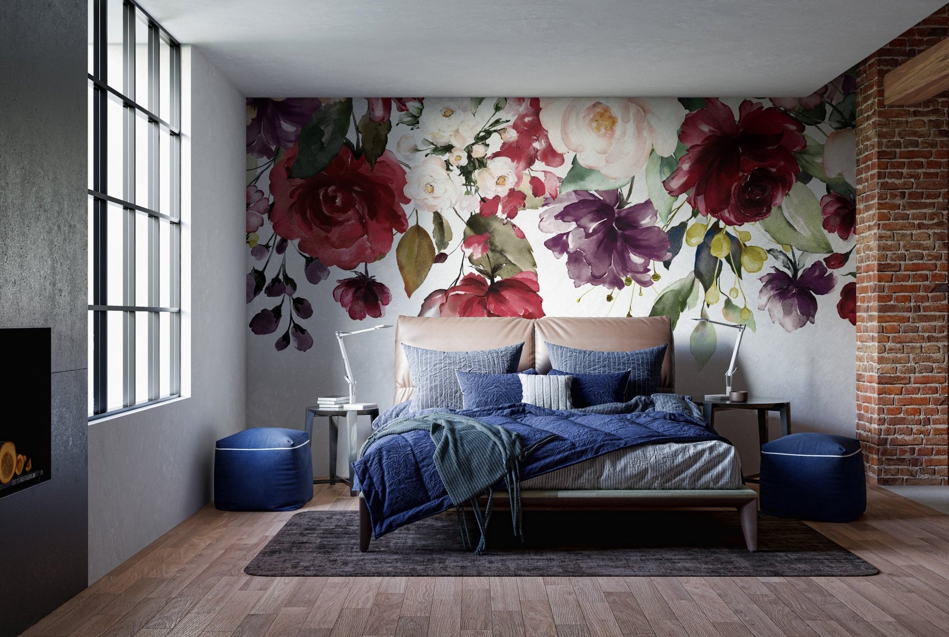 Romantic floral wall mural for graceful and serene bedroom walls.
