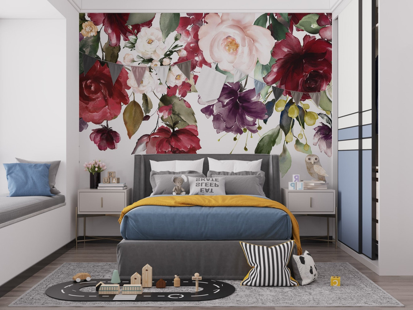Blooming romance floral mural with elegant and vibrant blossoms.
