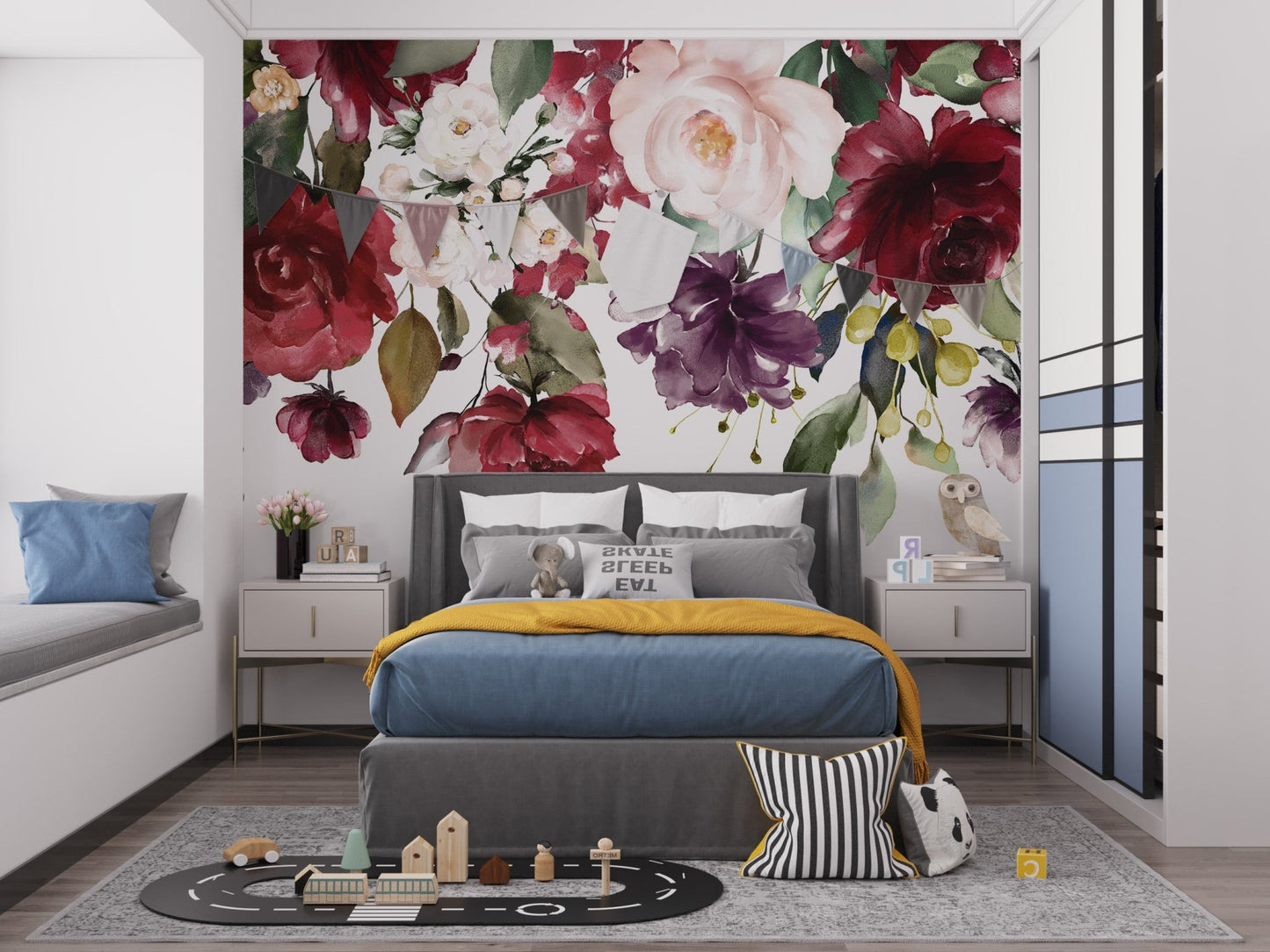 Blooming romance floral mural with elegant and vibrant blossoms in kids bedroom.
