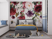 Blooming romance floral mural with elegant and vibrant blossoms in kids bedroom.
