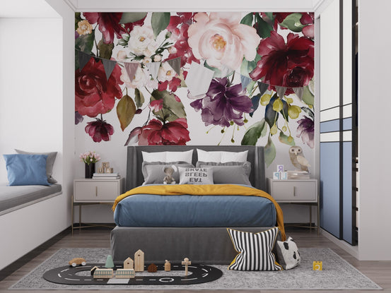 Blooming romance floral mural with elegant and vibrant blossoms in kids bedroom.
