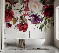 Romantic floral mural with blooming flowers for stylish bathroom decor.
