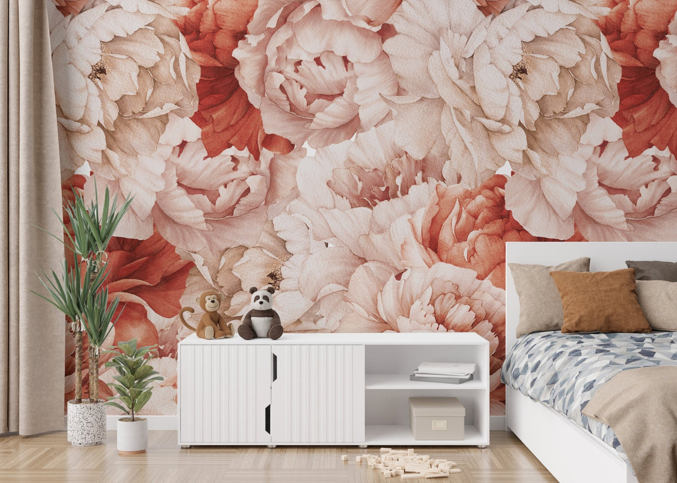 Blooming peonies mural with soft watercolor floral designs.
