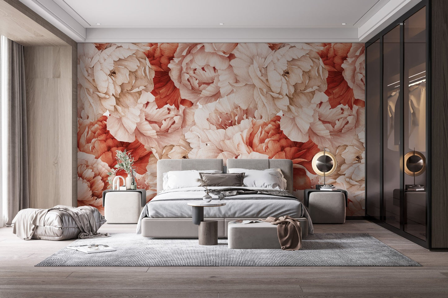 Peach and red floral wall mural in a master bedroom with dark wardrobes.