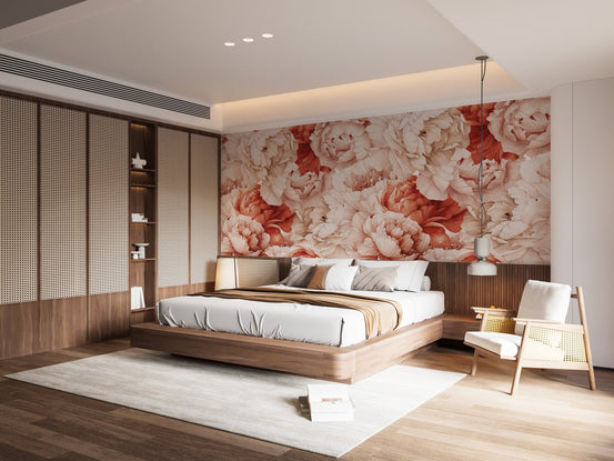 Blooming Watercolors Peonies Floral Mural in a spacious bedroom with warm lighting.
