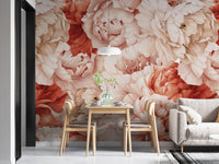 Watercolors peonies wall mural in a dining area with wooden table and chairs.
