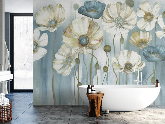 Light blue blossoming beauty wall mural with soft natural tones.