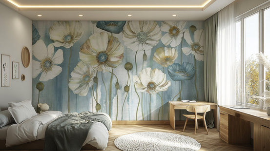 Blossoming beauty wall mural with blue and ivory floral artwork.