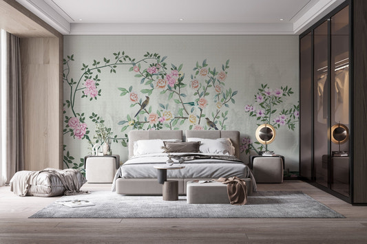 Blossoming Garden Trails Wall Mural behind a grey bed in a modern bedroom.