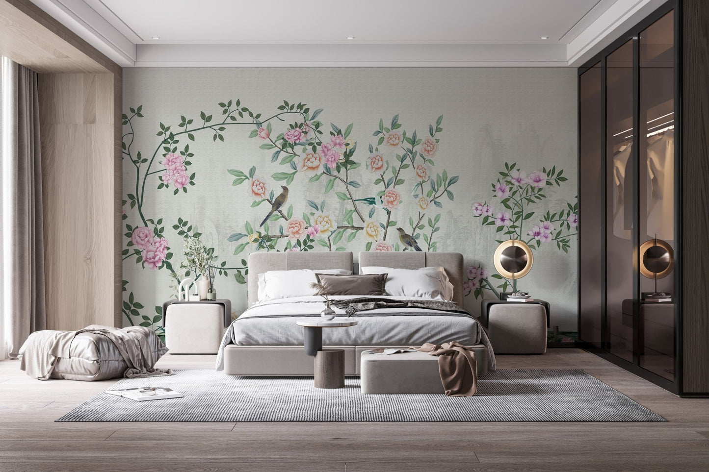 Blossoming Garden Trails Wall Mural behind a grey bed in a modern bedroom.