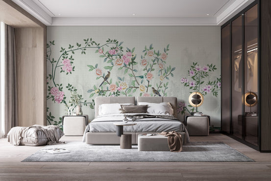 Blossoming Garden Trails Wall Mural behind a grey bed in a modern bedroom.