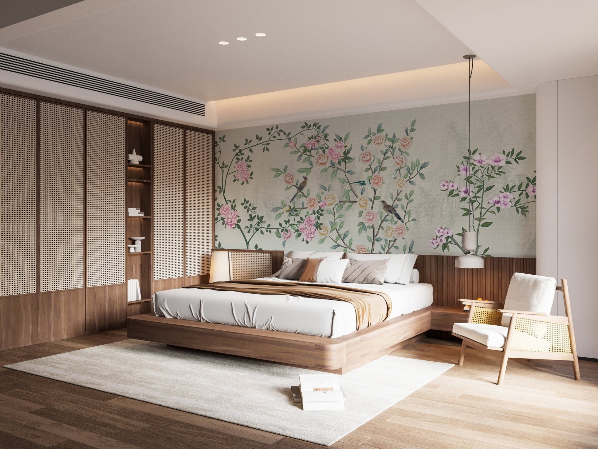 Minimalist bedroom featuring a wood bed and garden trails wall mural.