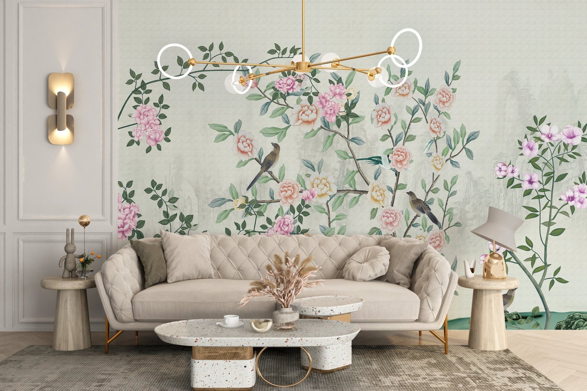 Cream sectional sofa in front of a pink flower garden wall mural.