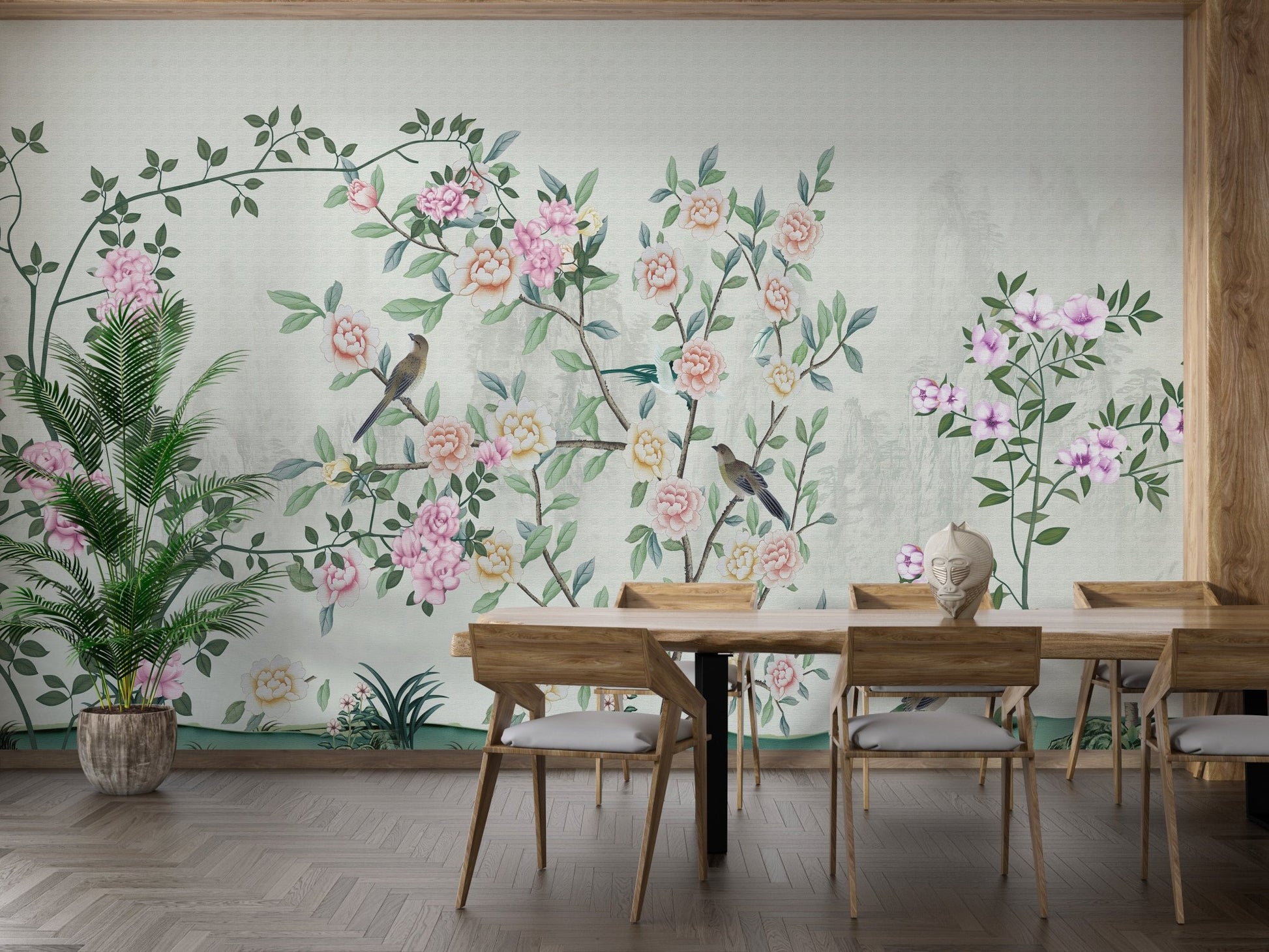 Dining area with wooden table and botanical bird trails wall mural.