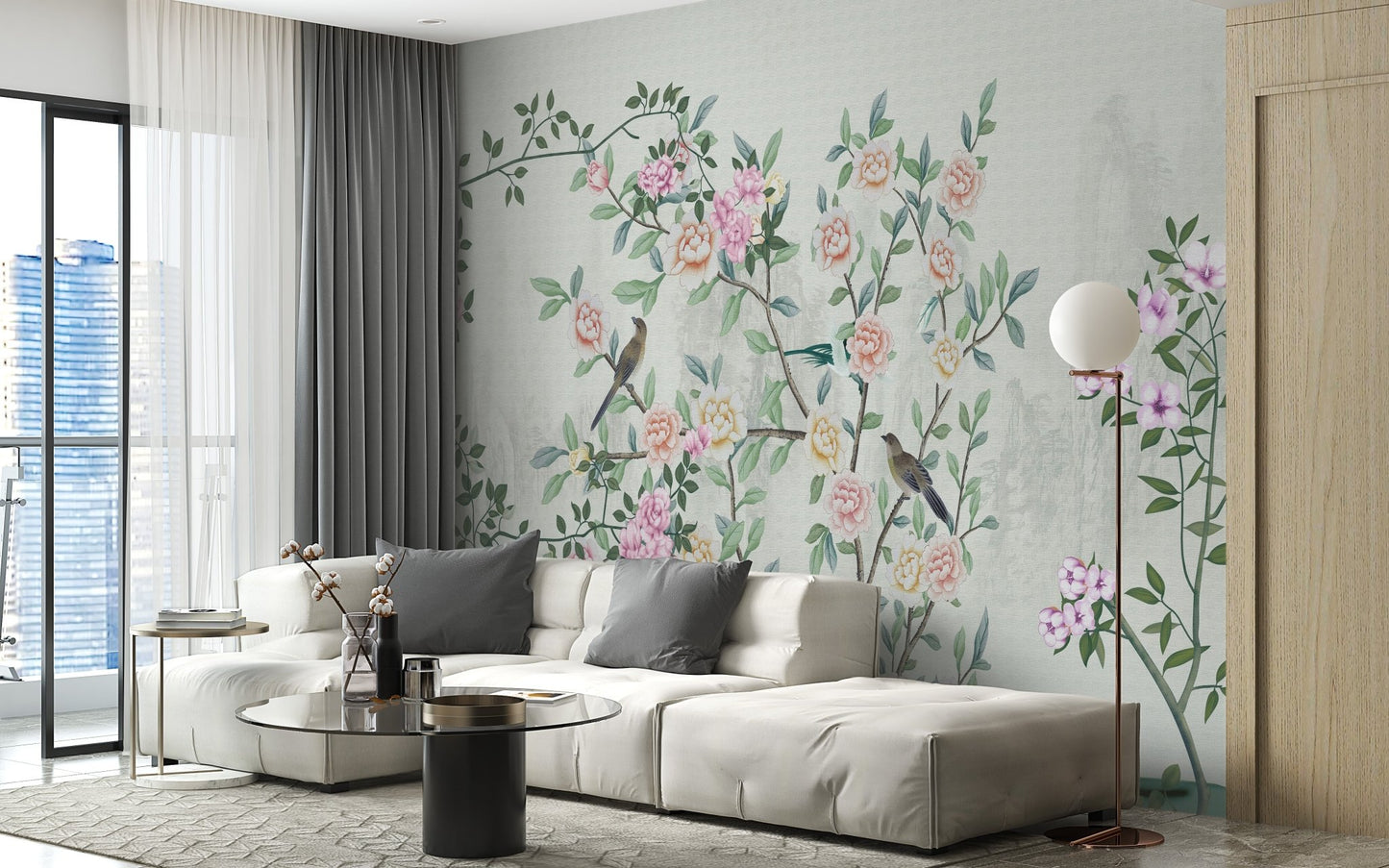 Modern living space with white seating and garden trail wall mural.