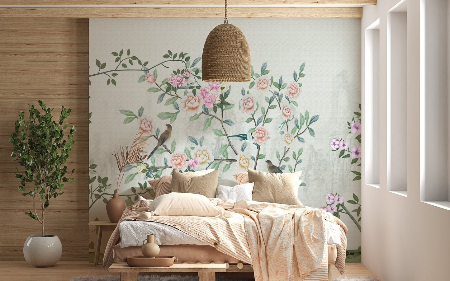 Light wood bed frame and hanging lamp next to a floral trails wall mural.