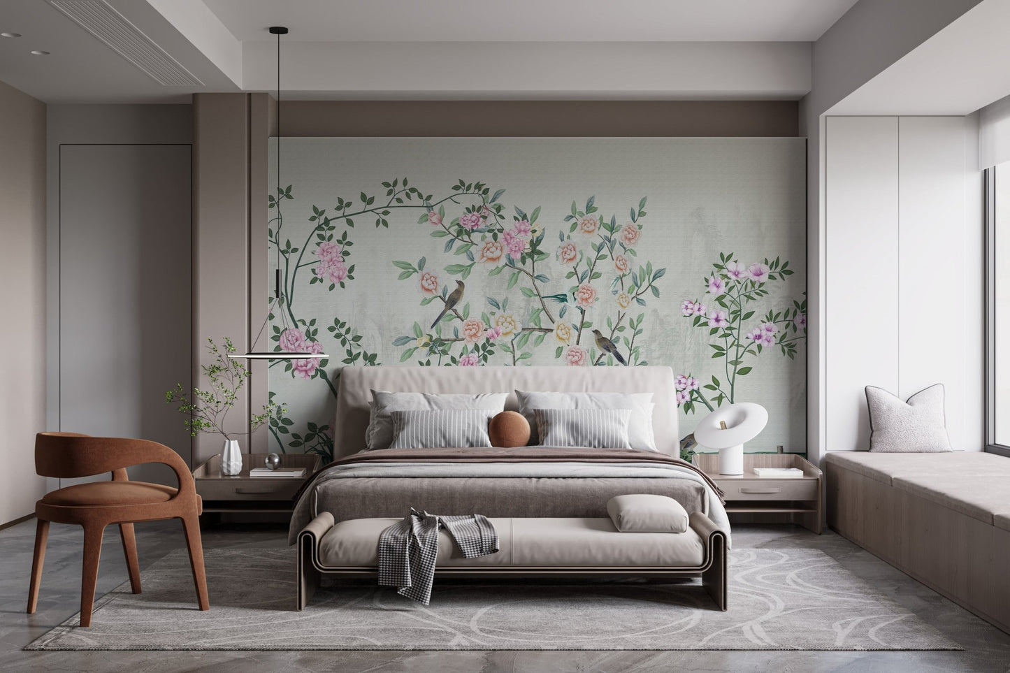 Neutral toned bedroom with a full wall floral garden wall mural.