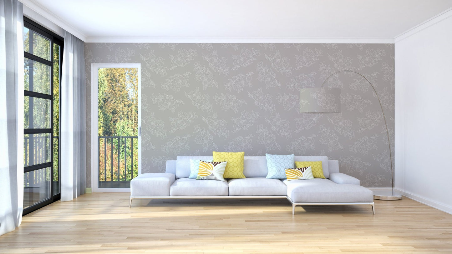Minimal floral wallpaper mural with seamless jasmine pattern.