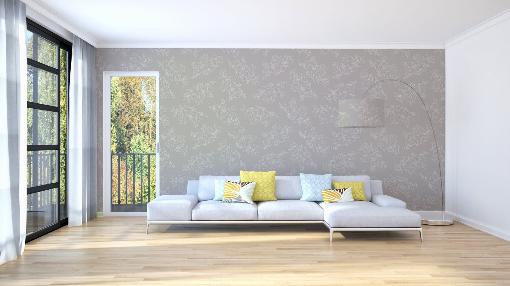 Minimal floral wallpaper mural with seamless jasmine pattern.