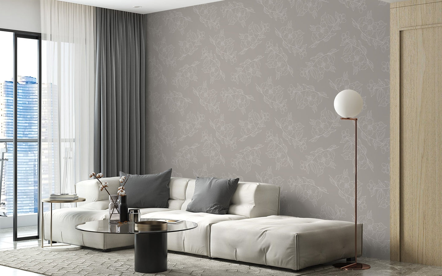 Modern jasmine wall mural in soft taupe and white sketch design.