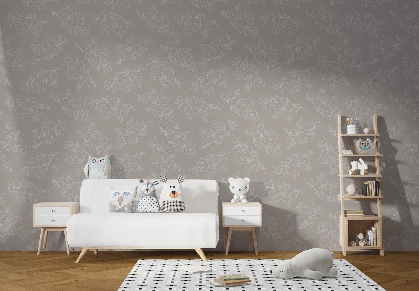 Refined jasmine wall mural in warm neutral color tones.