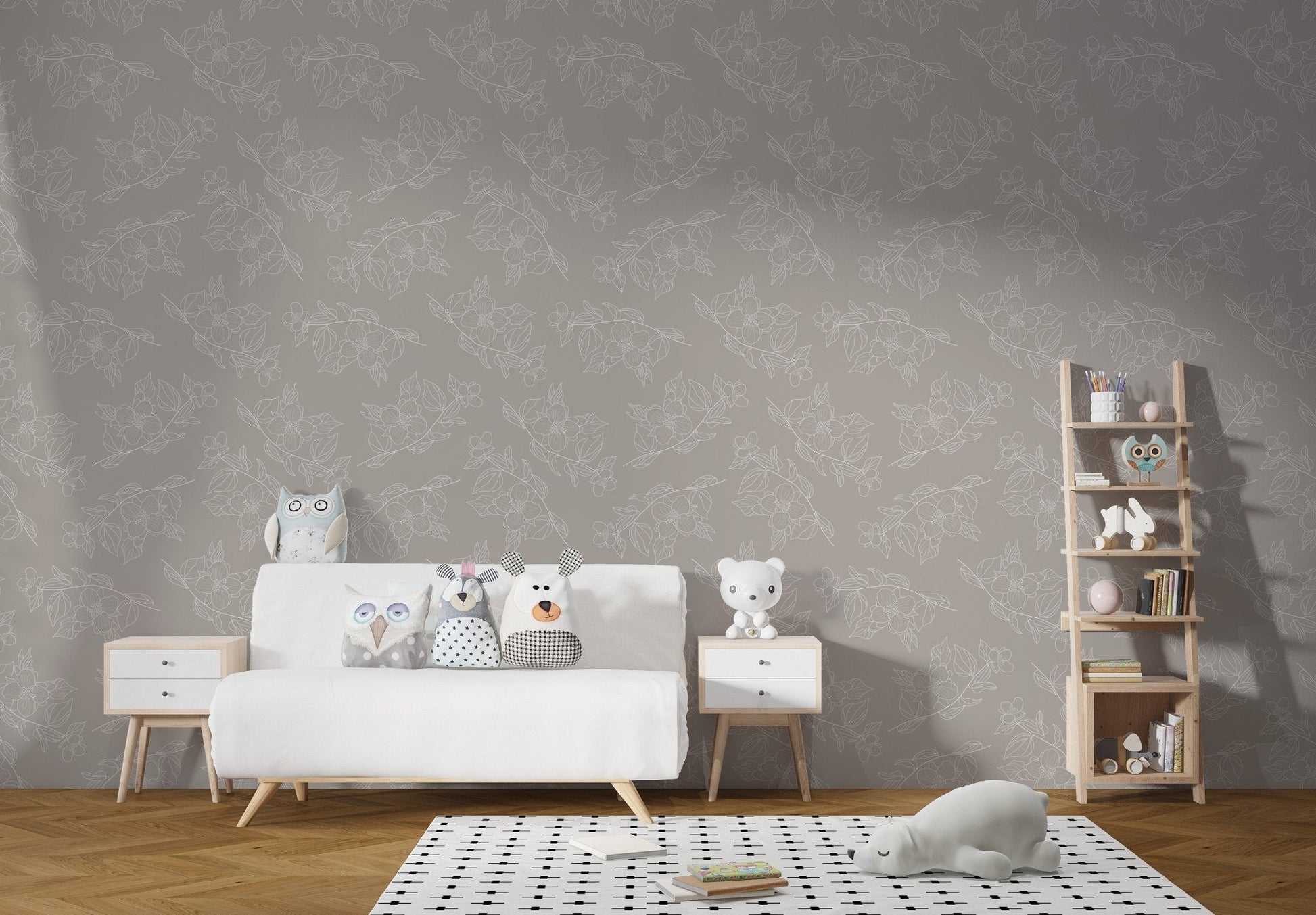 Refined jasmine wall mural in warm neutral color tones.