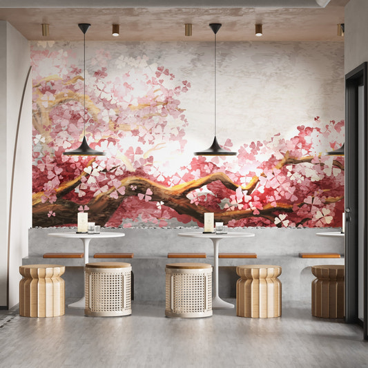 Restaurant dining area with Blossoming Sakura Branches Wall Murals and wooden stools.