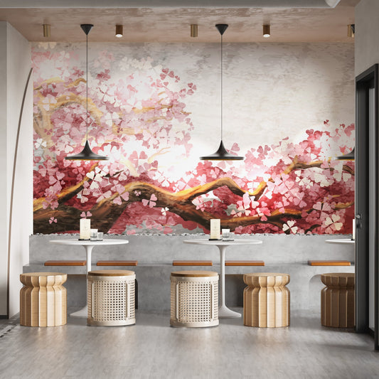 Restaurant dining area with Blossoming Sakura Branches Wall Murals and wooden stools.