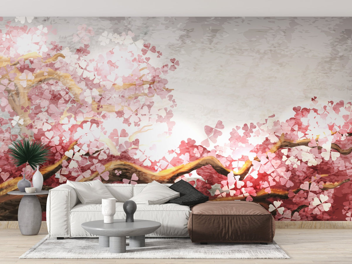 White sofa in a living room featuring pink cherry blossom wall mural and grey accents.
