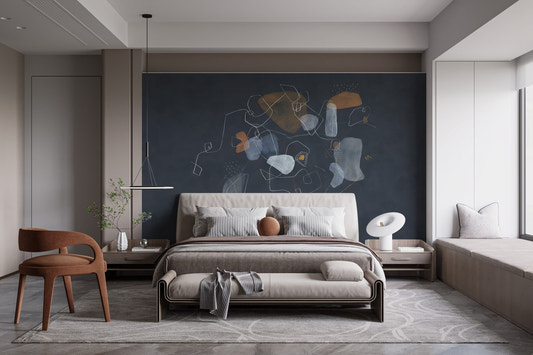 Blue abstract art wallpaper mural with white geometric line drawings.