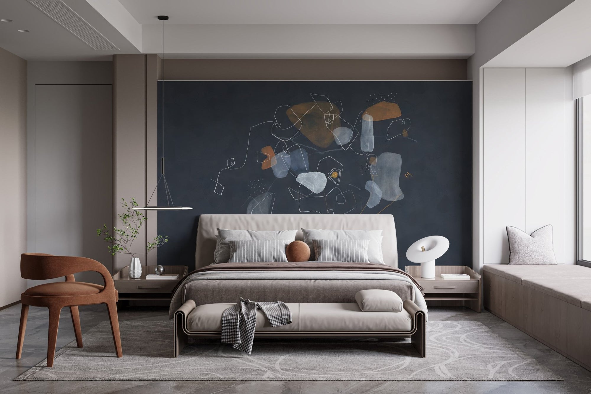 Blue abstract art wallpaper mural with white geometric line drawings.