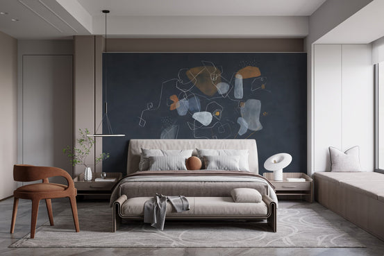 Blue abstract art wallpaper mural with white geometric line drawings.