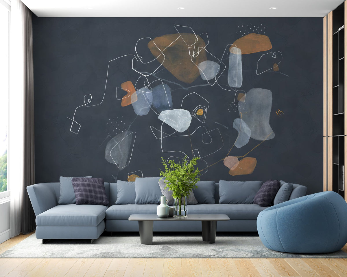 Deep slate blue wallpaper mural with layered charcoal and clay silhouettes.