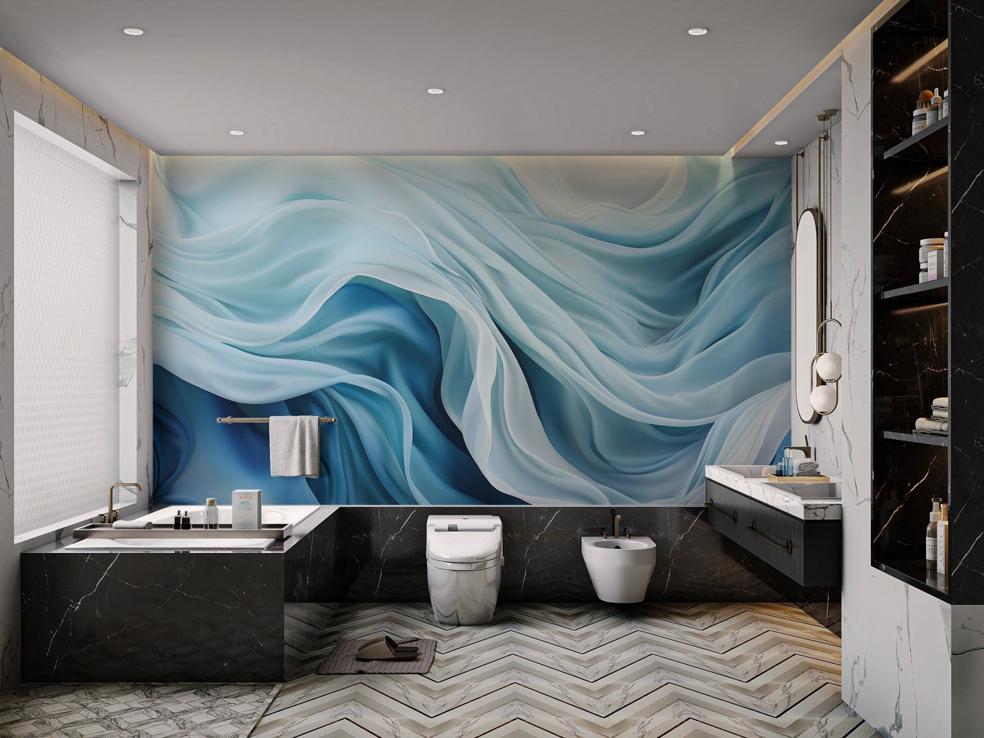 Blue abstract fluid motion wallpaper with flowing silk-like waves.