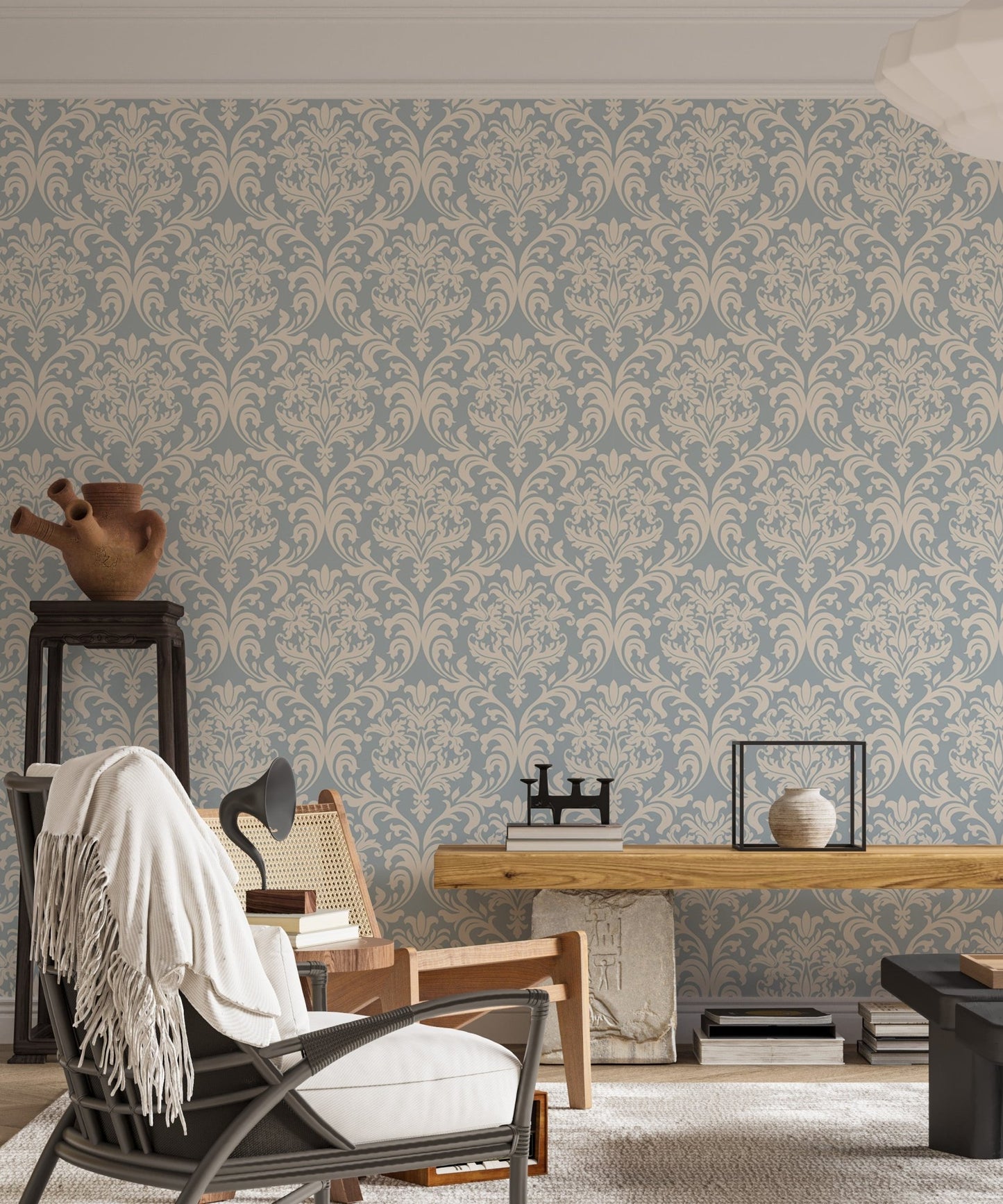 Vintage inspired wall mural for a minimalist living room.