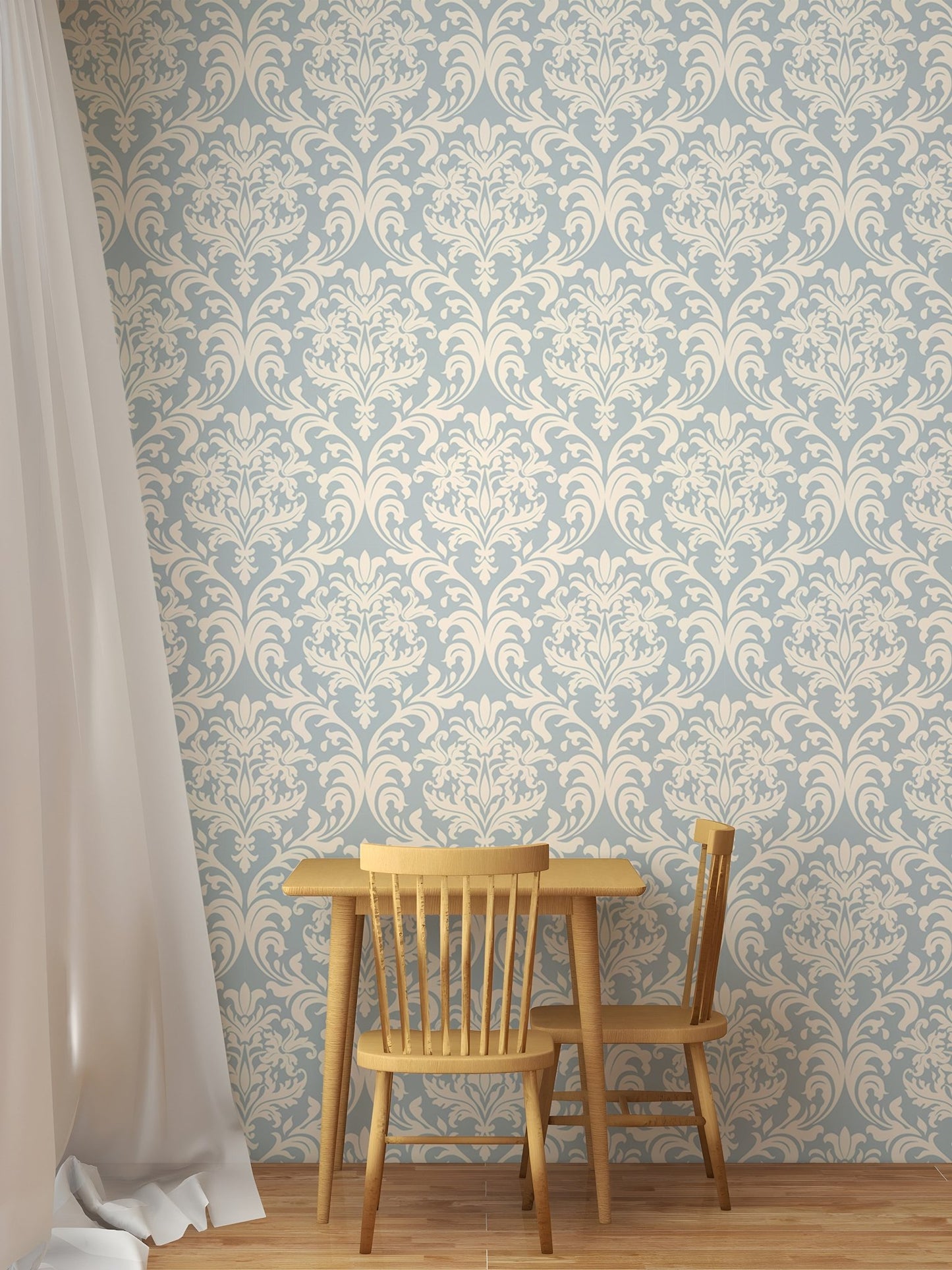 Seamless Victorian wallpaper featuring blue accents on study area wall.