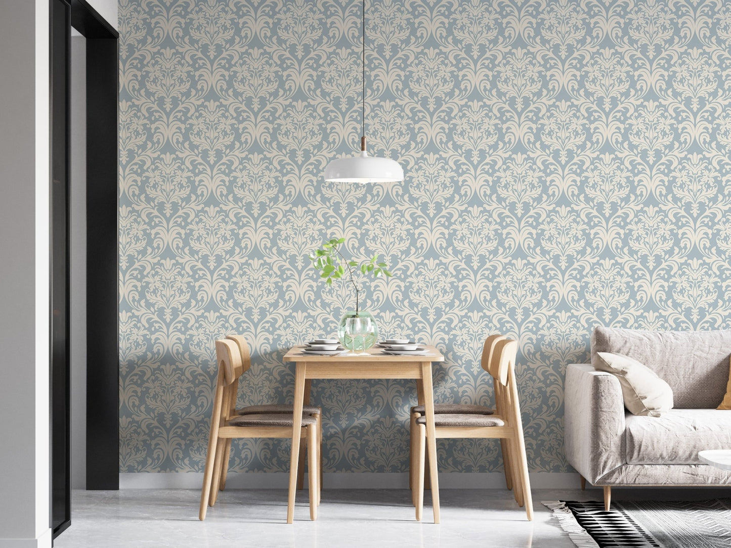 Classic wallpaper with blue and beige victorian motifs in dining area.