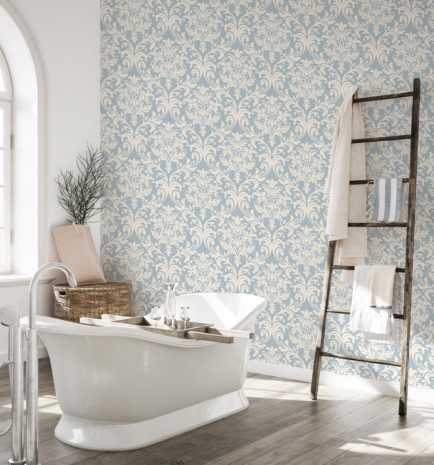 Victorian wallpaper pattern applied in a modern bathroom.