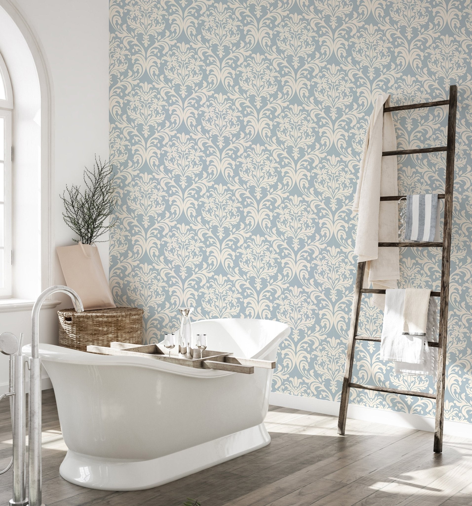 Victorian wallpaper pattern applied in a modern bathroom.