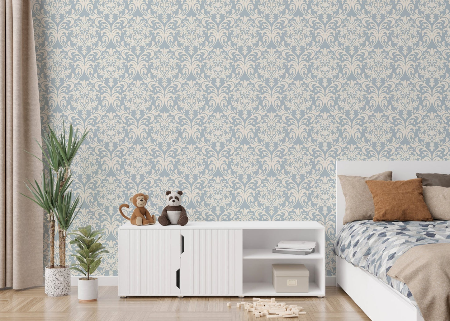 Bedroom background featuring victorian design wallpaper.