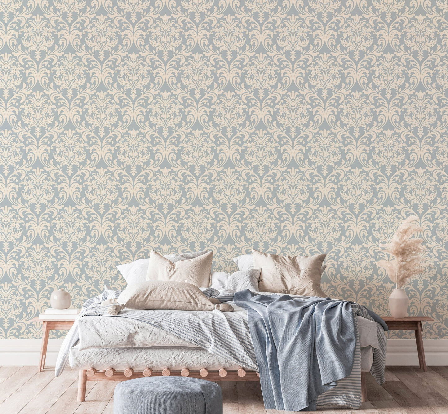 Elegant blue and beige wall mural for a bedroom feature wall.