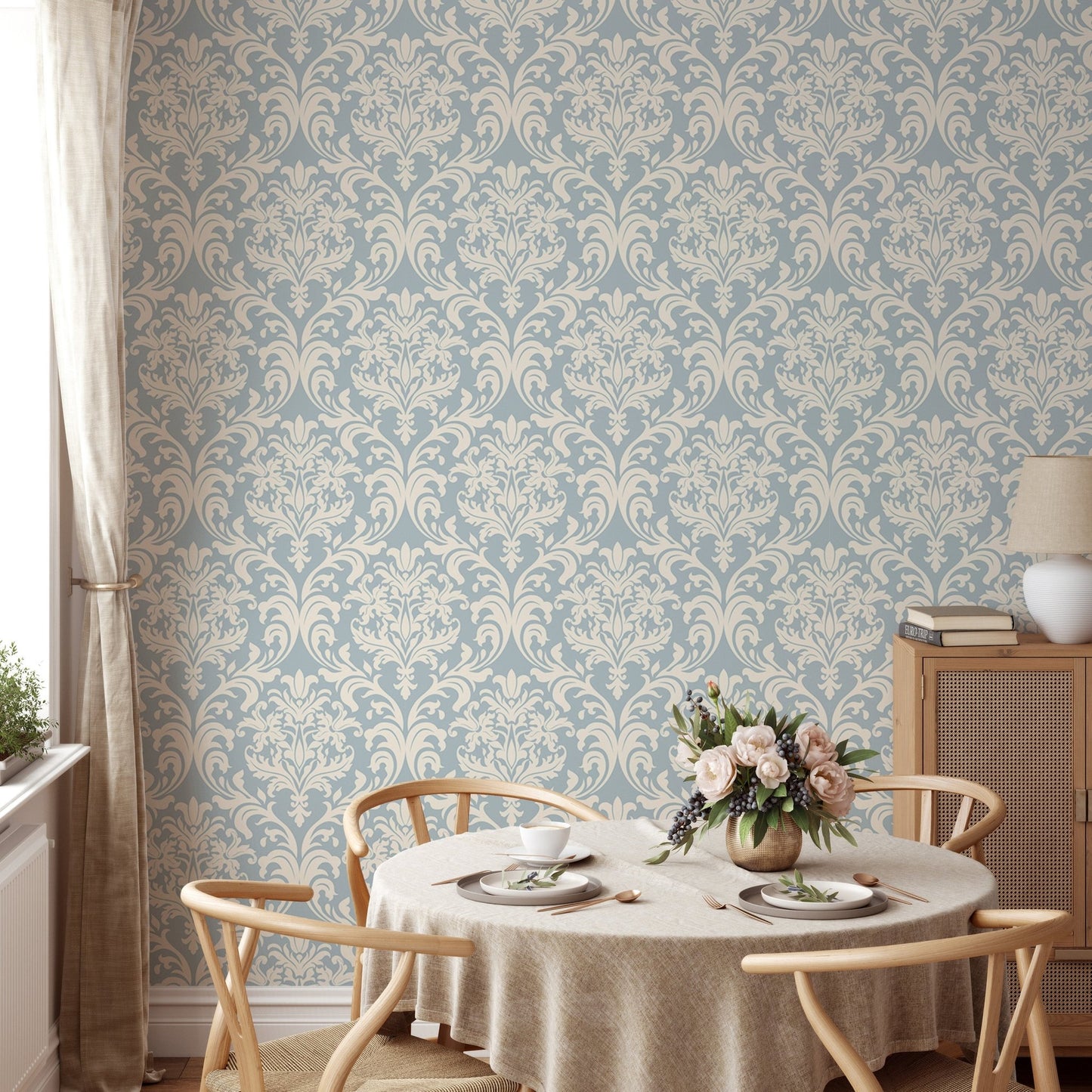 Elegant blue and beige Victorian wallpaper design for dining room.