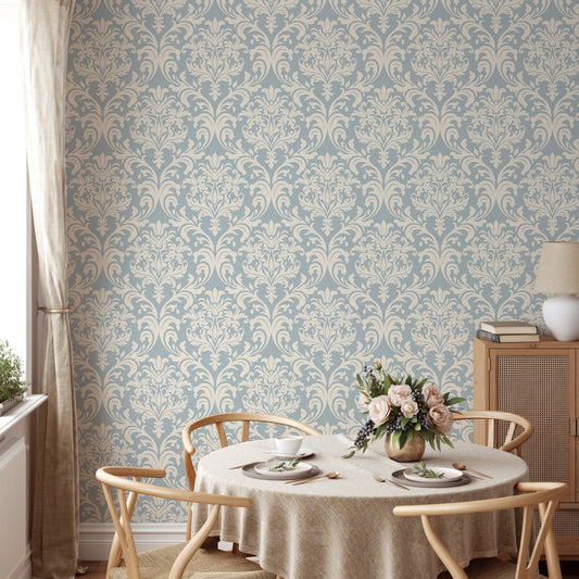 Elegant blue and beige Victorian wallpaper design for dining room.